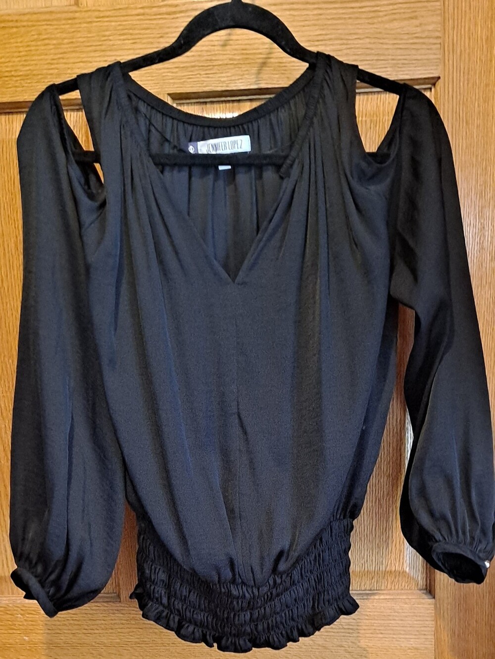 Jennifer Lopez Cold-Shoulder Black Blouse with Smocked Waist - Picture 3 of 8